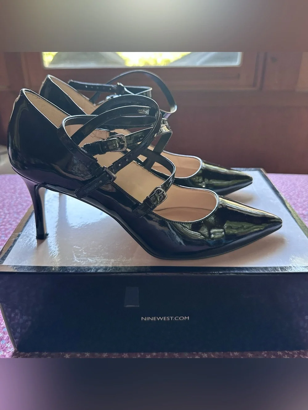 Nine West Black Patent Pointed-strap Pumps